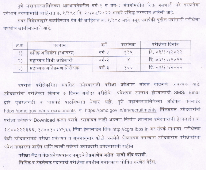 Pune Mahanagarpalika Exam Dates