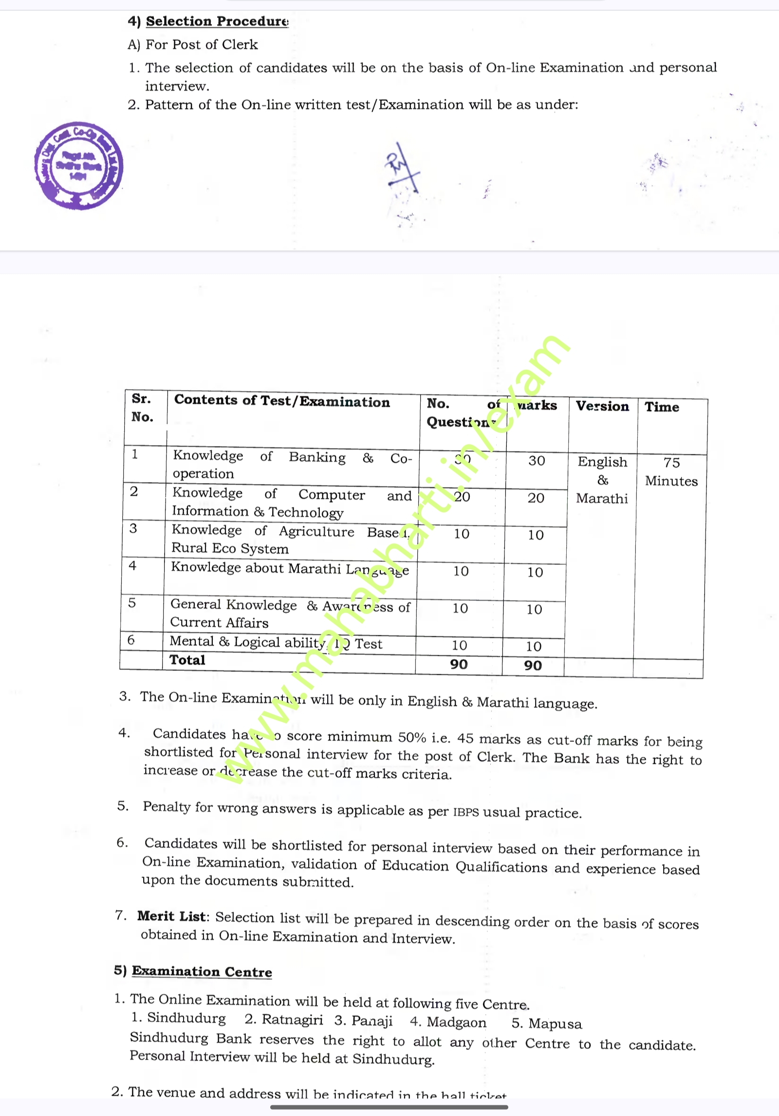 Sindhudurg DCC Bank Exam Syllabus