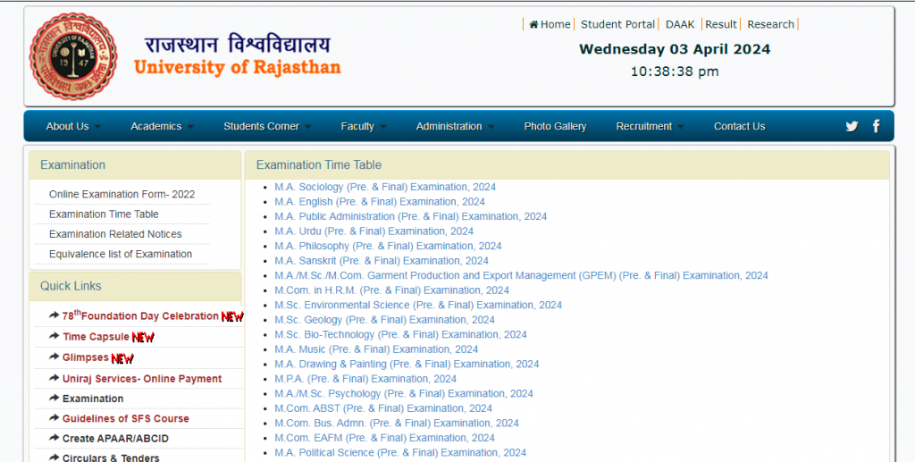 Uniraj Time Table 2024 BA BSc BCom BA.LLB MA MCOM MSC BBA MBA 1st 2nd ...