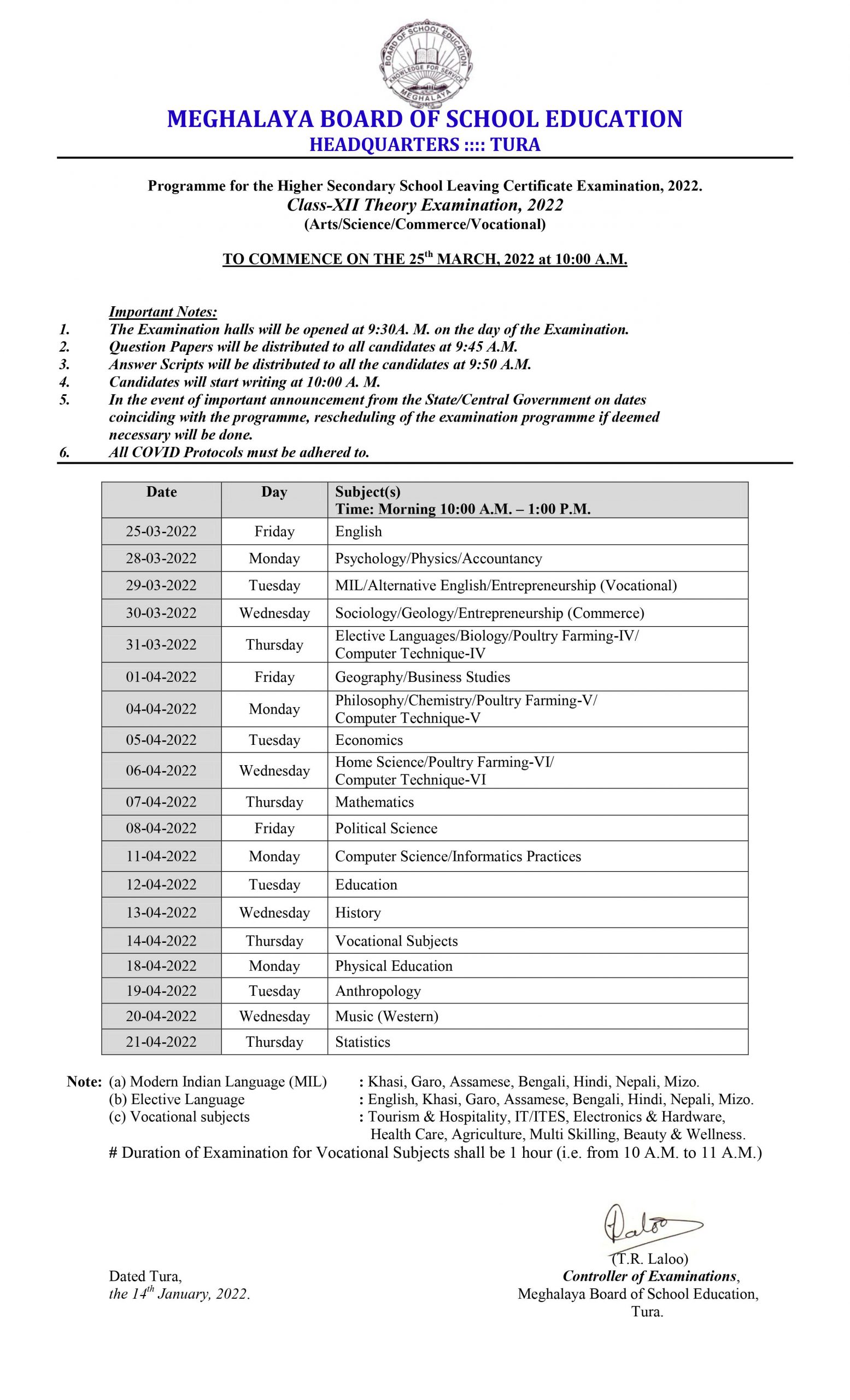 Meghalaya Board HSSLC, SSLC Exam Time Table  2022