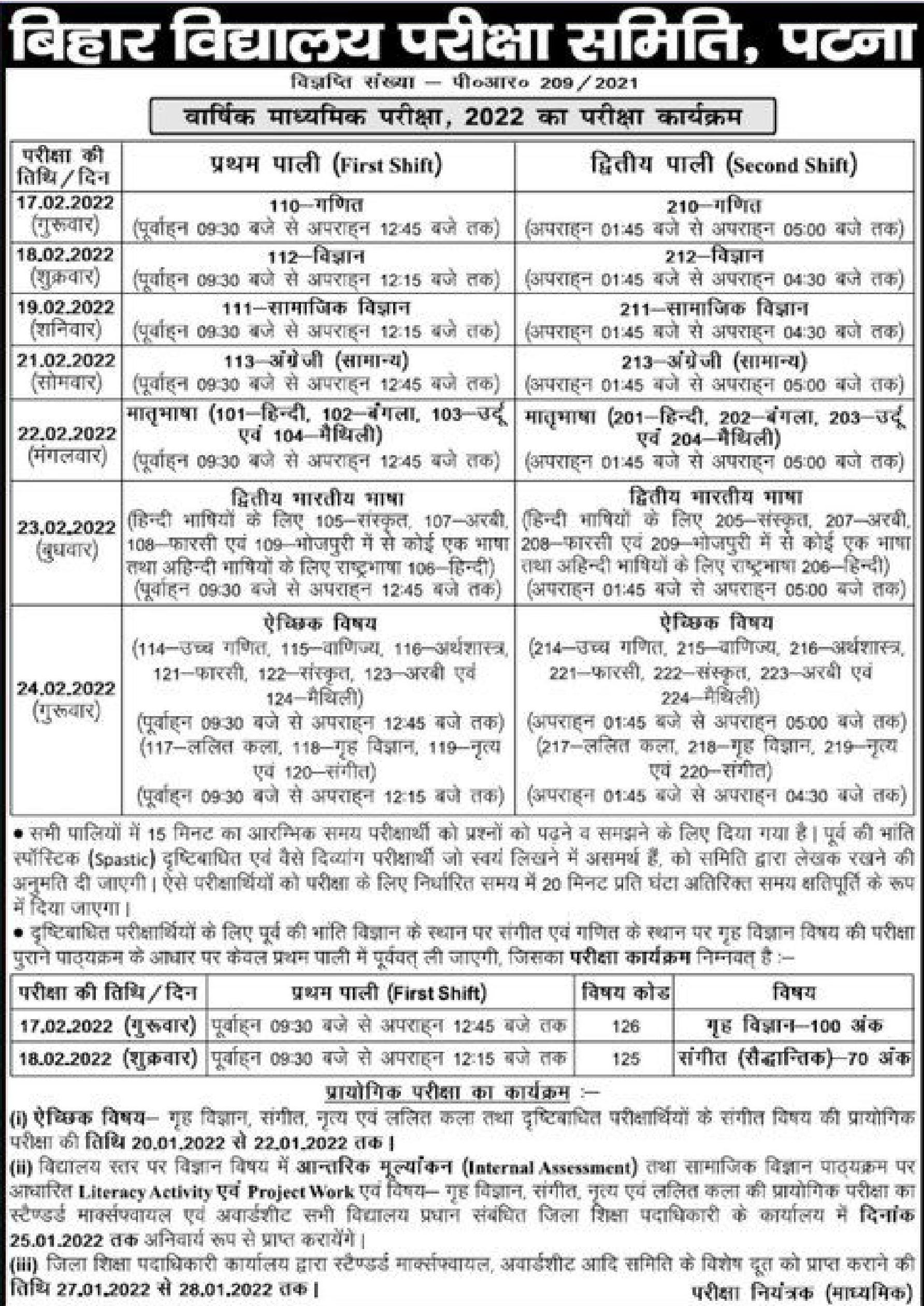 Bihar Board Time Table 2022