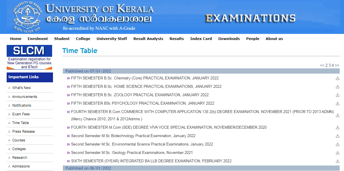Kerala University Time Table 2022