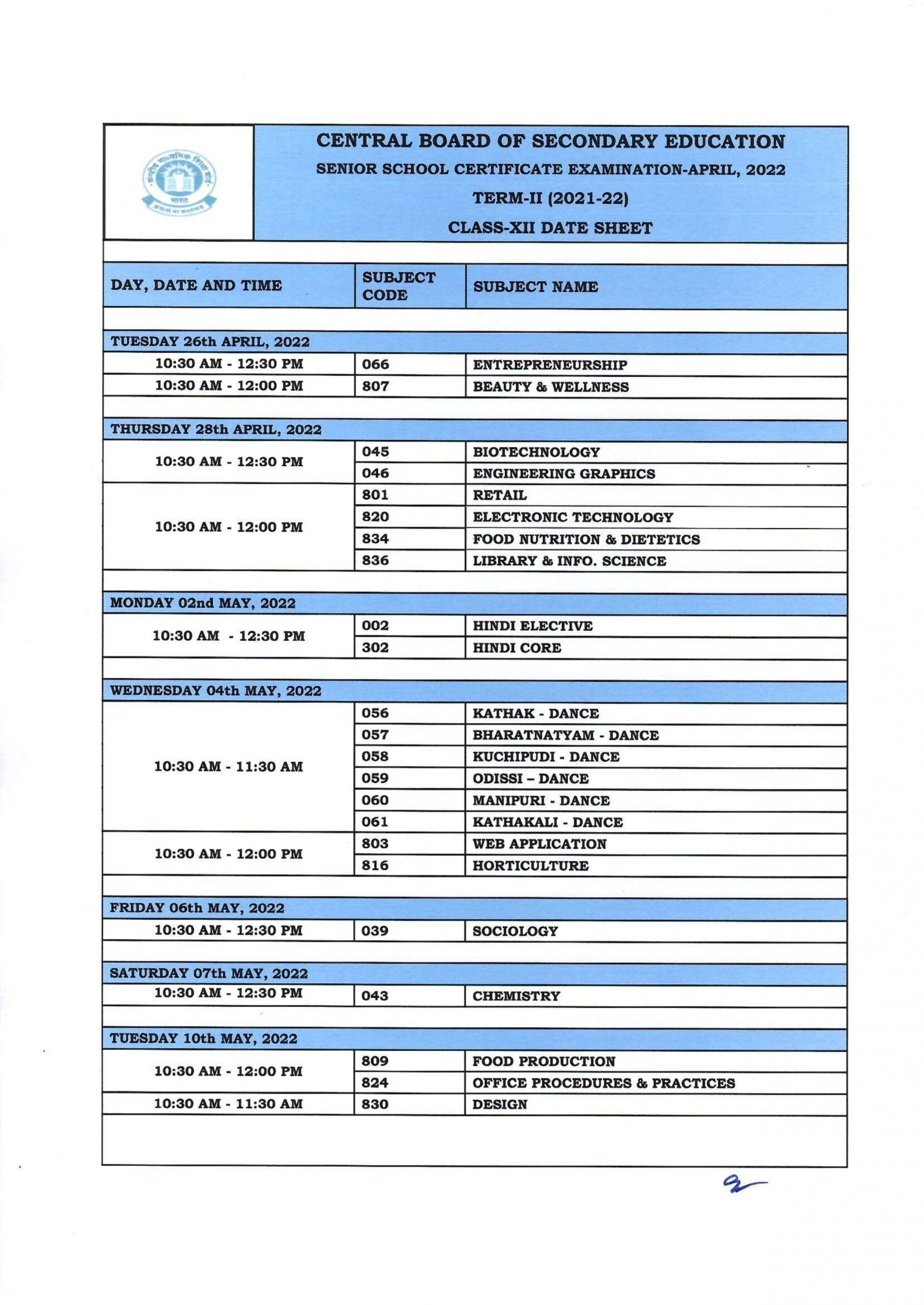 CBSE Class 12th Term 2 Timetable 2022