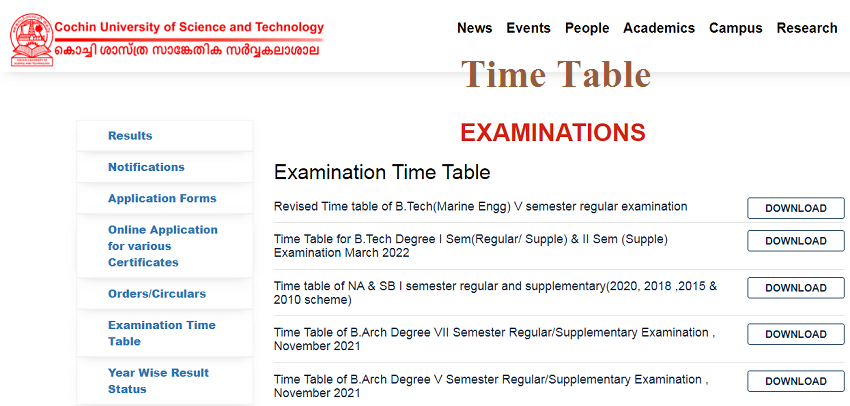Cochin University Exam Time Table 2022
