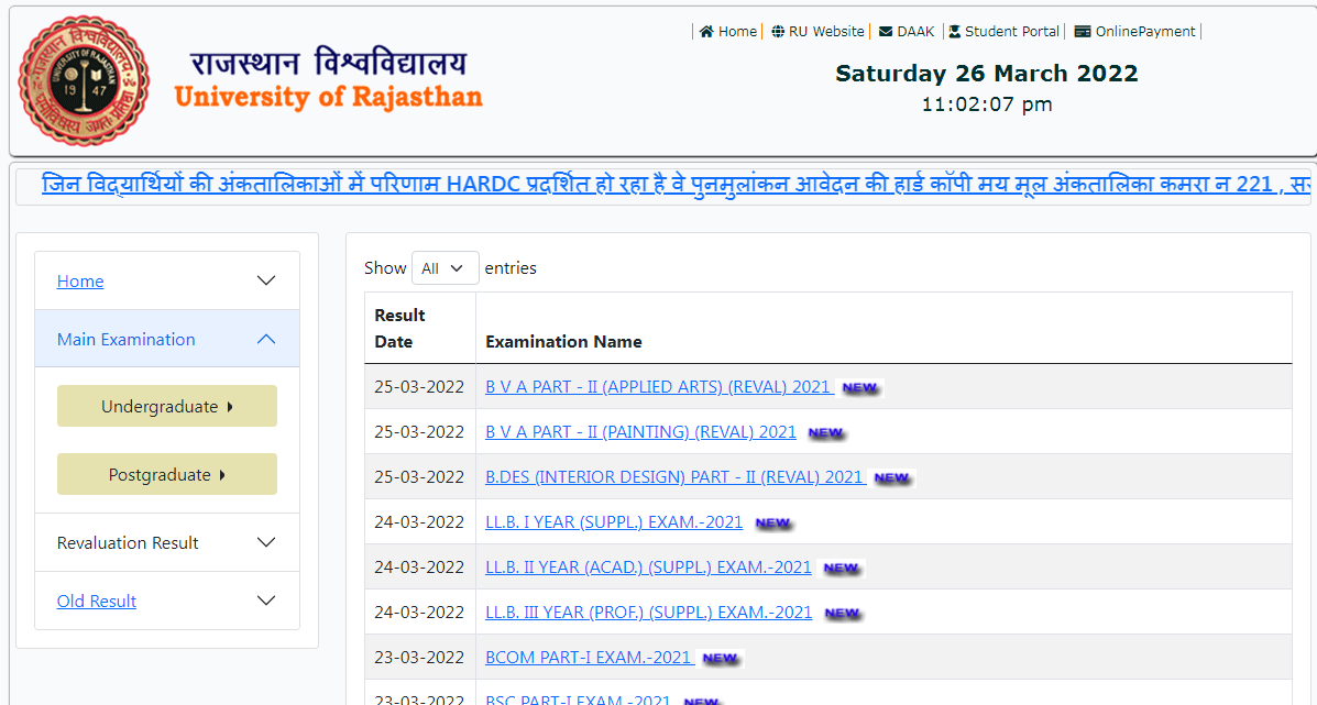 UNIRAJ Rajasthan University Result 2023 MahaBharti.in University