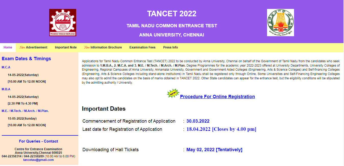 TANCET 2022 Online Registration
