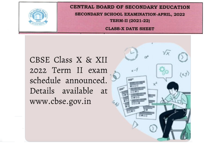 CBSE Class 10th Time Table  Term II 2022