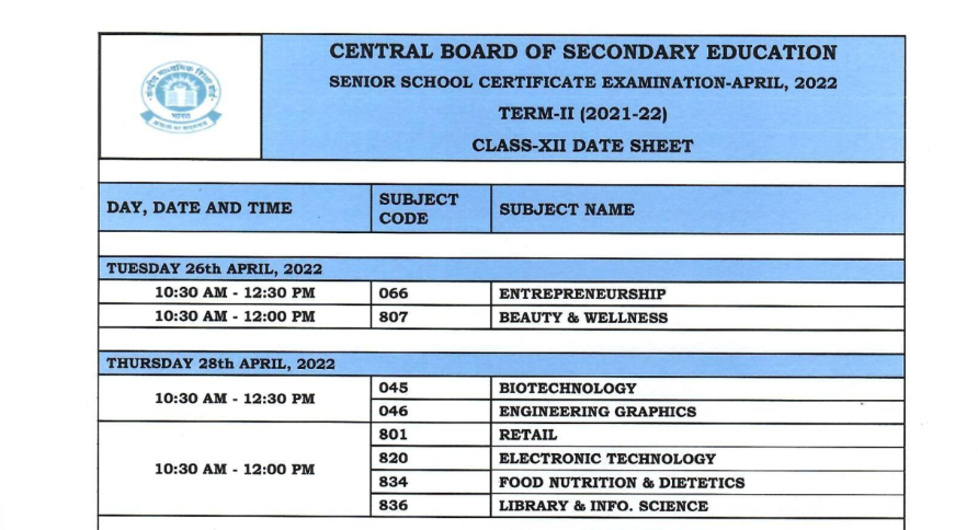 CBSE Class 12th Term 2 Timetable 2022