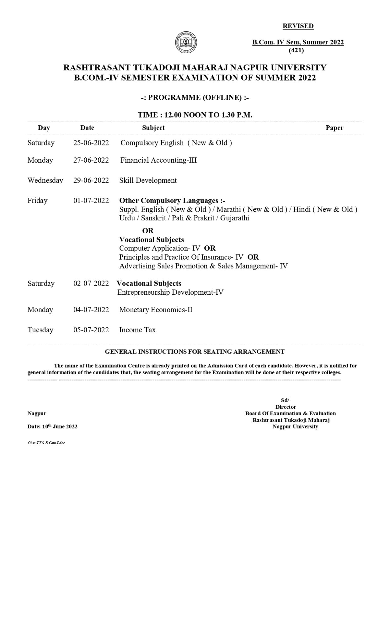 RTMNU 4 Sem Revised Time Table Summer 2022