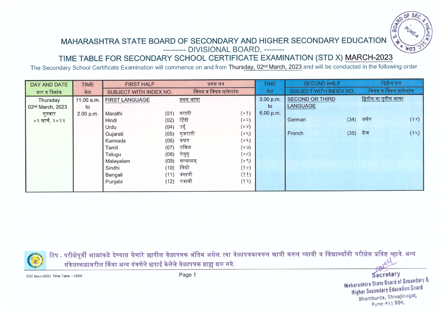 Maharashtra Board Class 10th Time Table 2023 Download 