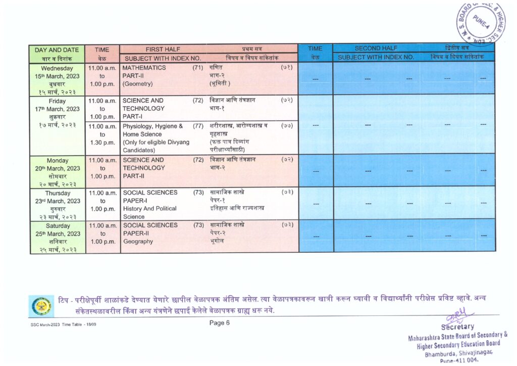 Maharashtra Board Class 10th Time Table 2023 Downloadवेळापत्रक