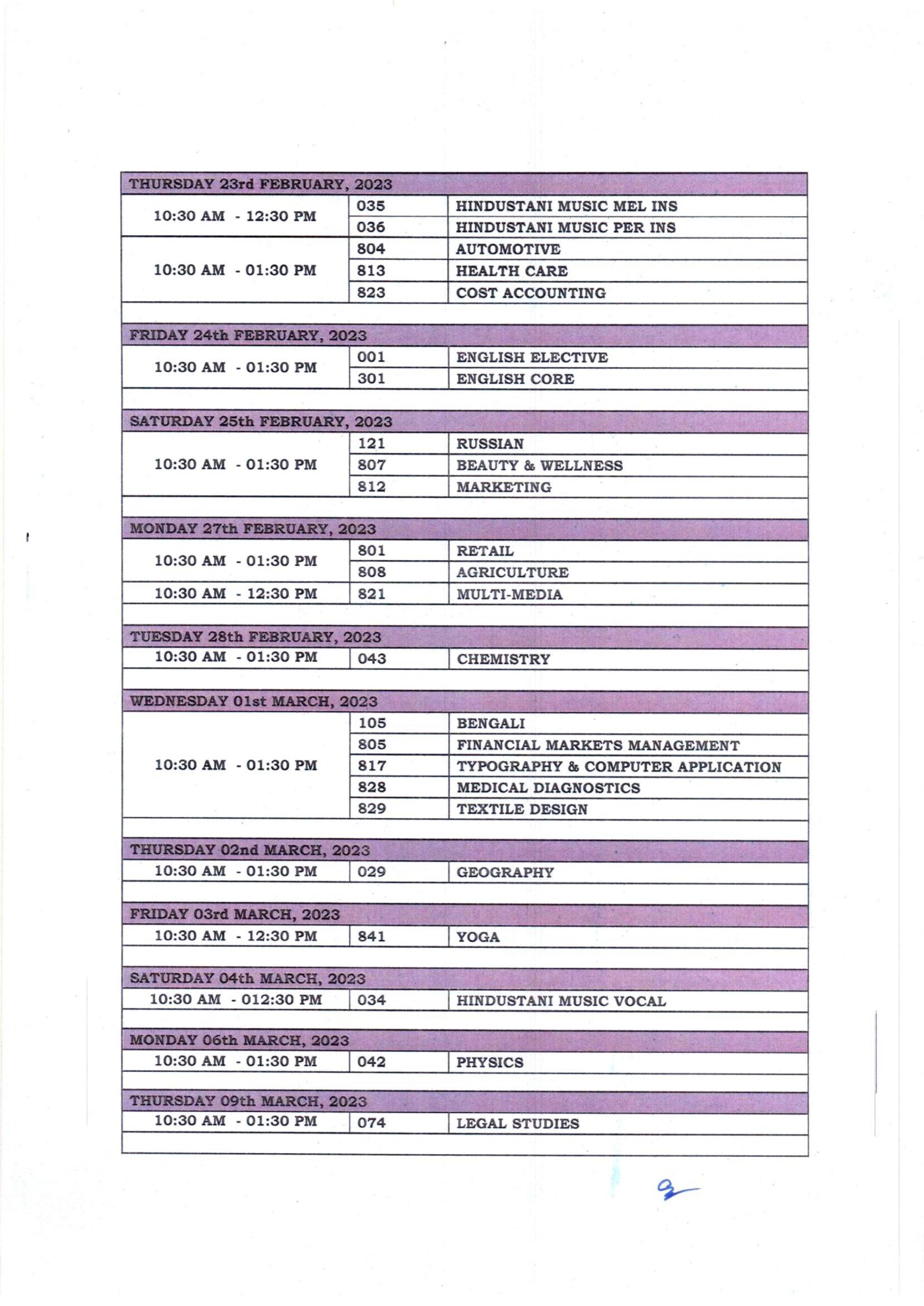 Time Table For 10th Class 2023 Cbse