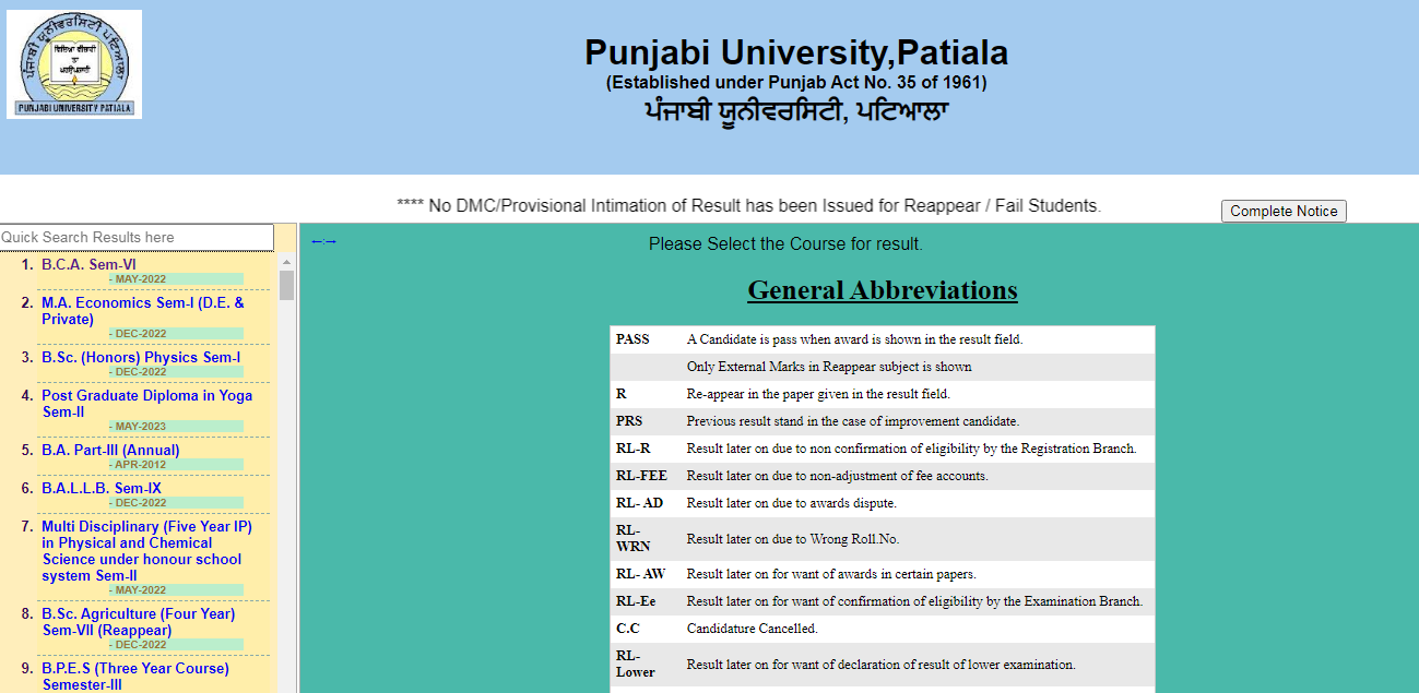 Punjabi University Result- 2022-23