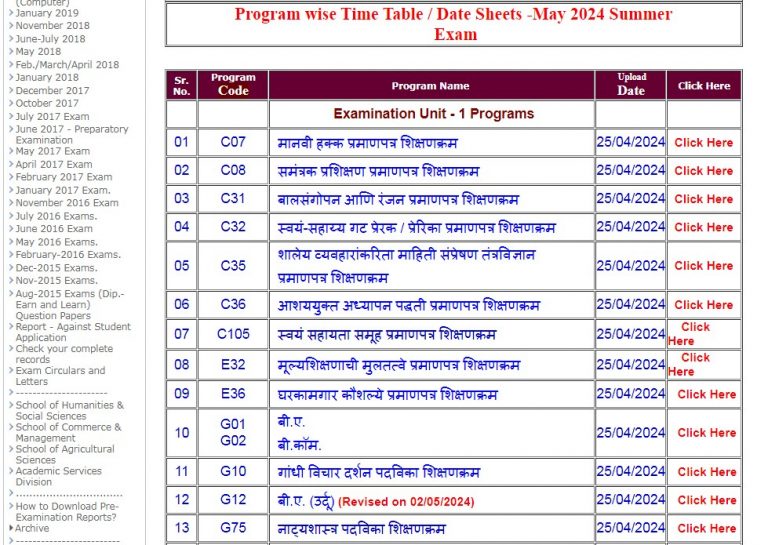 YCMOU Time Table 2024 For BA B.com BCA BBA B.sc B.ed M.Com MA MBA Exam