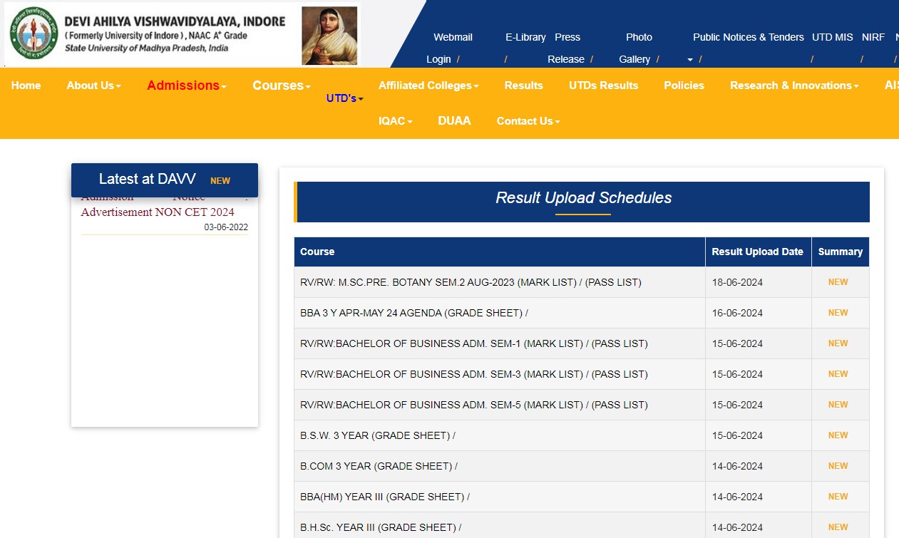 DAVV Result 2024 For BA B.Sc MA M.Sc BE B.Tech MBA