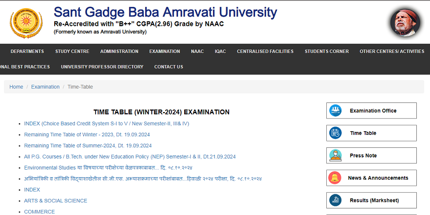 Amravati University Time Table  Winter 2024