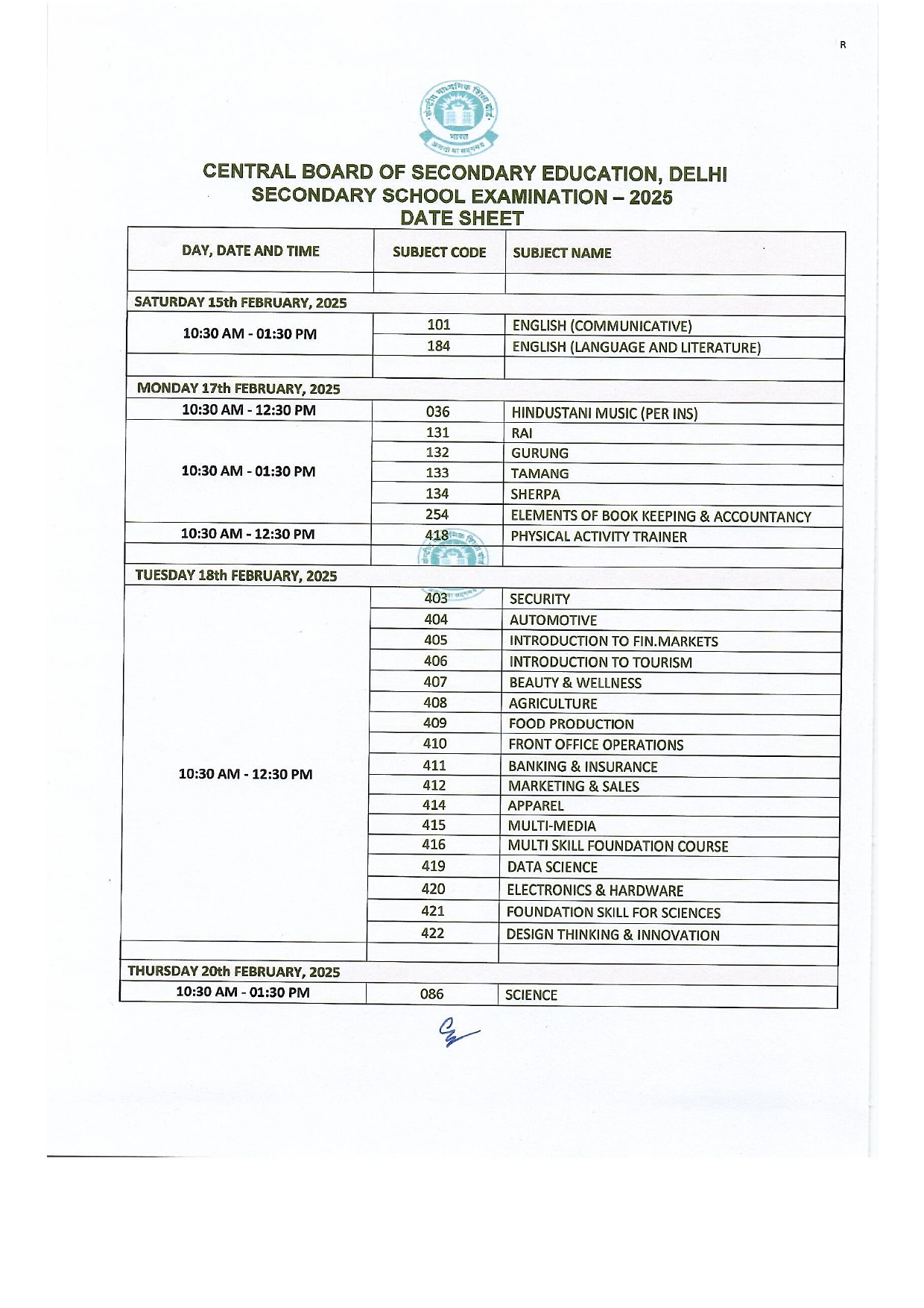 CBSE Class 10th 12th Time Table 2025