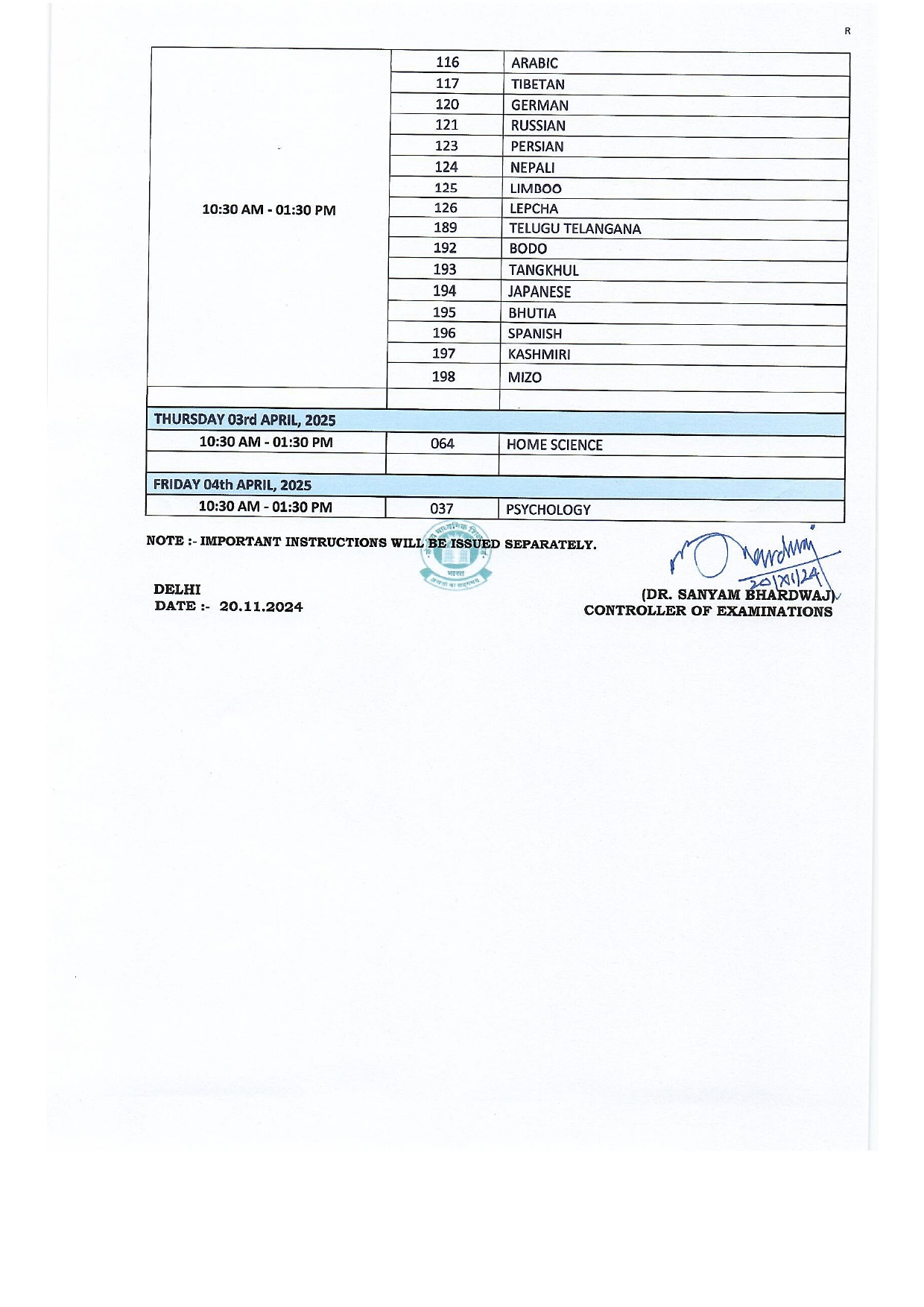 CBSE Class 10th 12th Time Table 2025