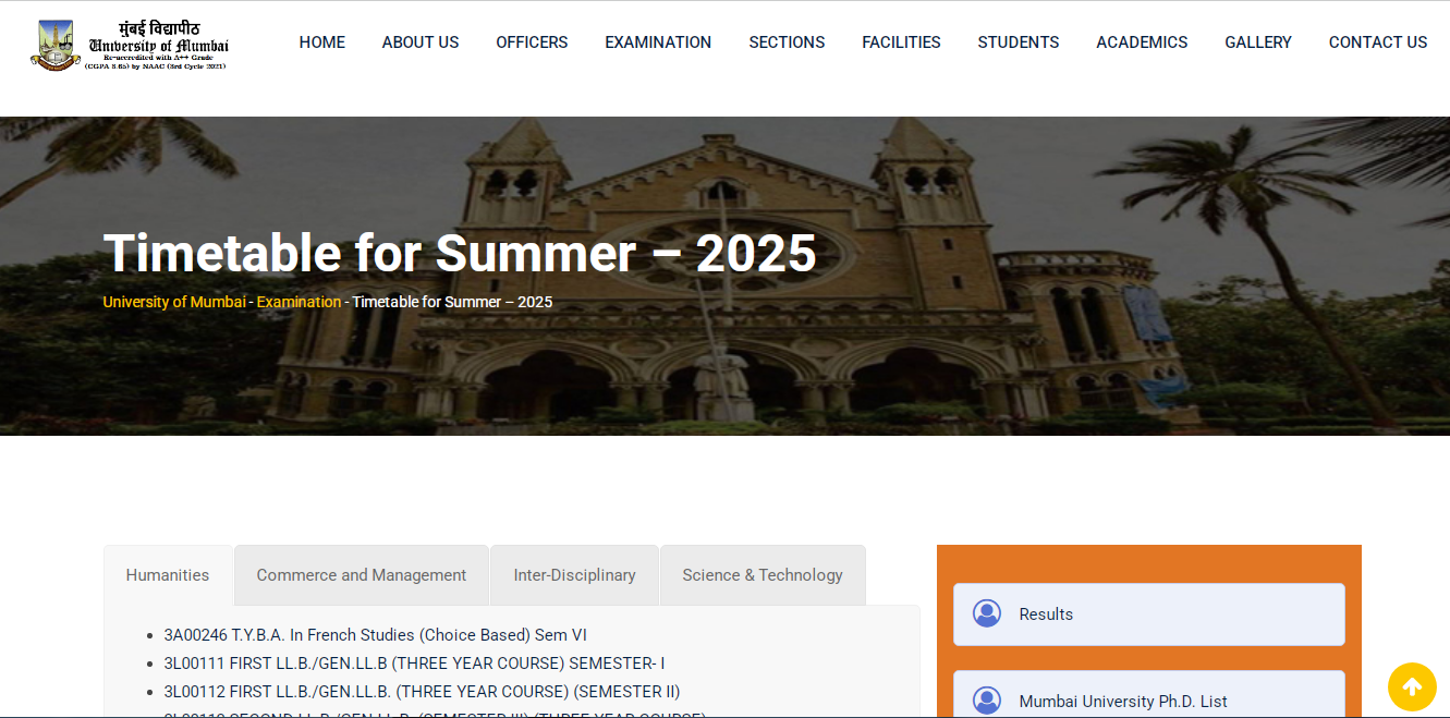 Mumbai University Time Table Summer 2025