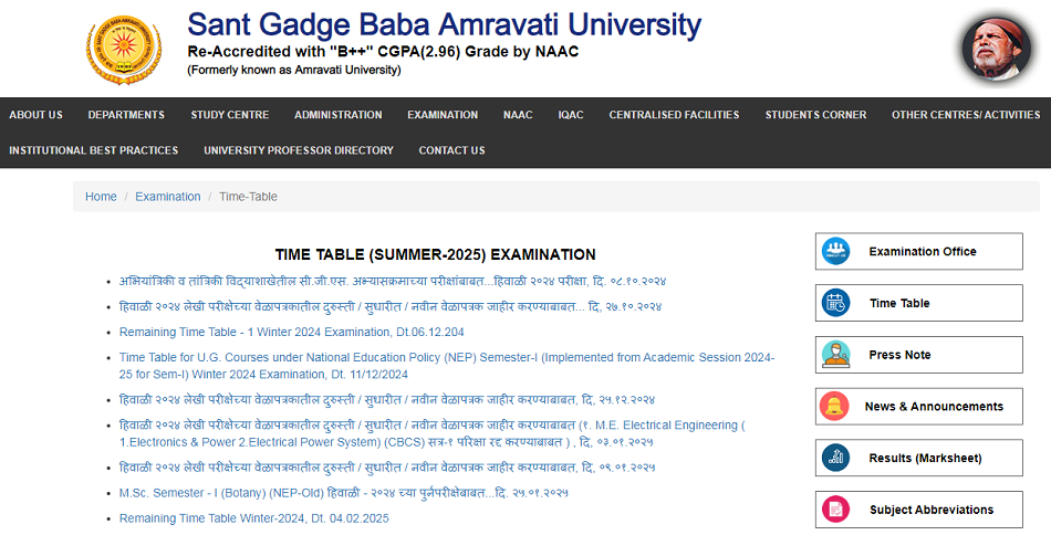 Amravati University Time Table  Summer 2025