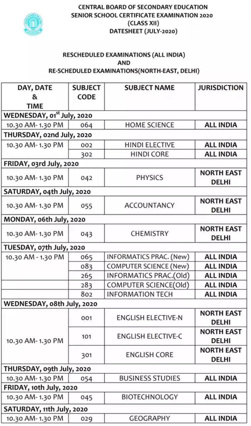 CBSE 12th Timetable 2020 Page 1
