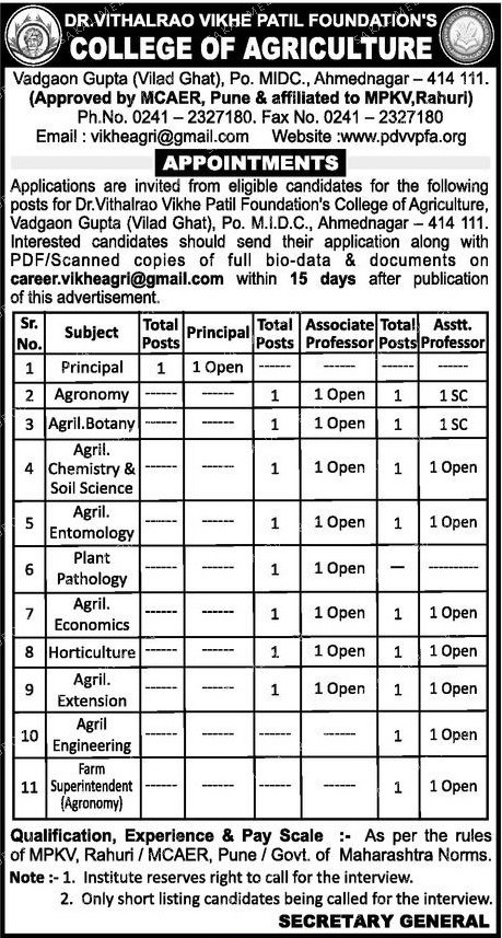 College of Agriculture Ahmednagar Bharti 2020