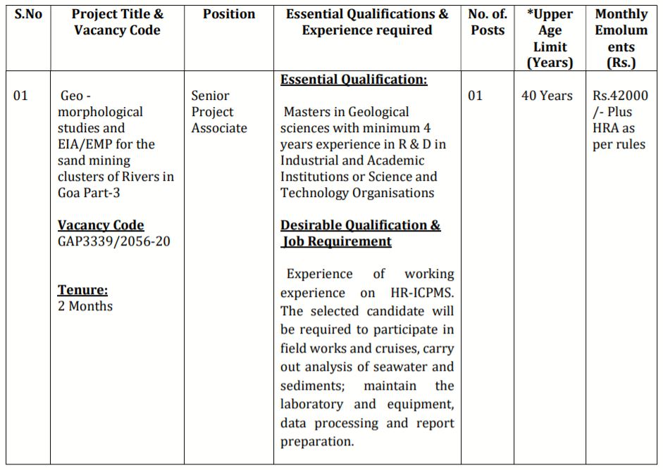 NIO Goa Recruitment 2020