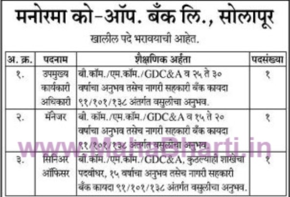 Manorama Co-Op Bank Solapur Vacancy 2024