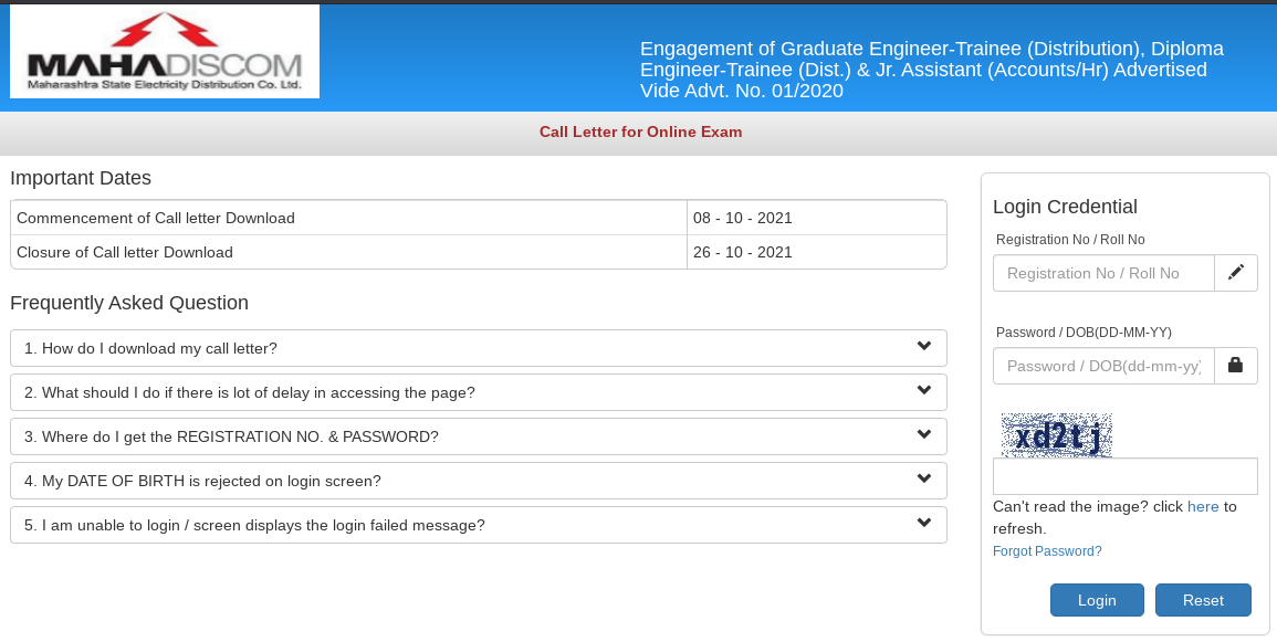 MahaDiscom Admit card 2021 Download 