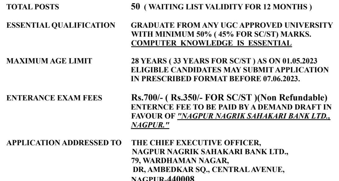 Nagpur Nagarik Sahakari Bank Recruitment 2023