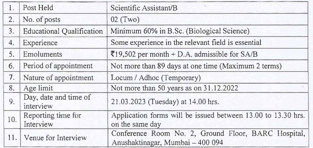 BARC Mumbai Vacancy details 2023