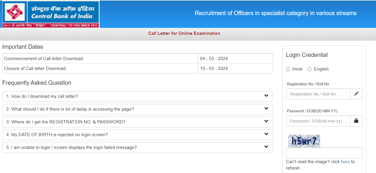 Central Bank Of India Admit Card 2024