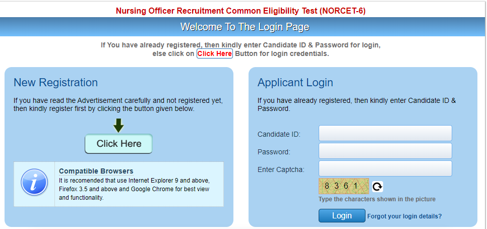 Nursing Officer Recruitment Common Eligibility Test (NORCET-6) Registration Process