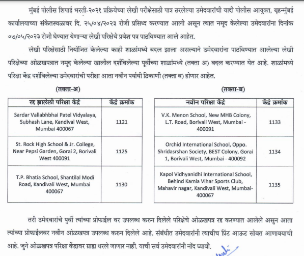 Mumbai Police Bharti Admit Card 2023