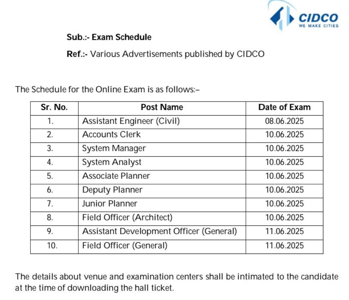 CIDCO Exam Dates New Admit Card 2025