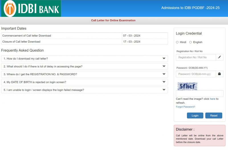 IDBI Bank Admit Card Download