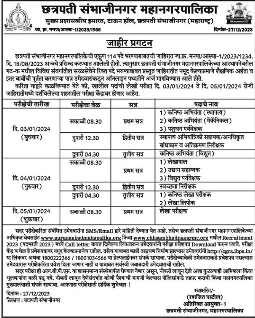 Sambhaji Nagar Exam Dates 2023