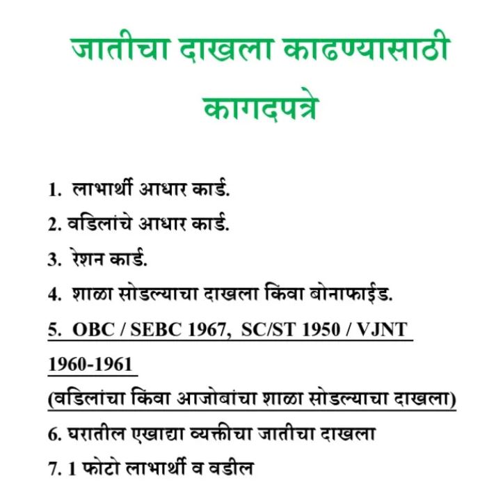 Caste Certificate Document List in Marathi