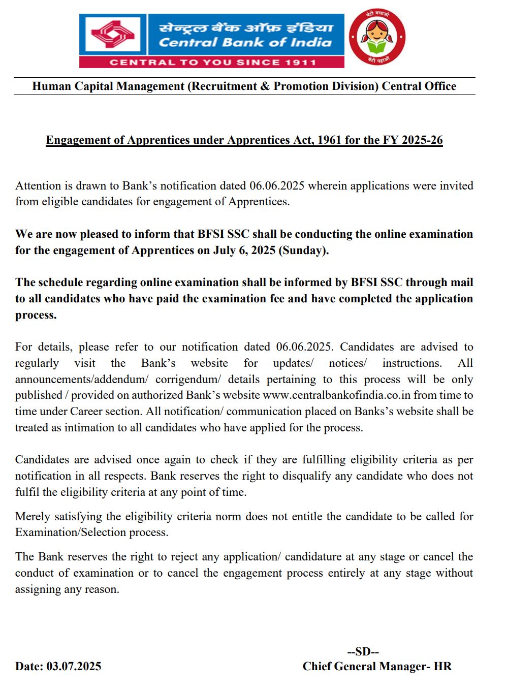 Central Bank Of India Admit Card 2025