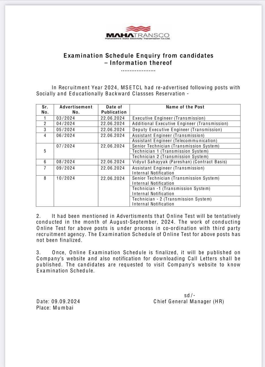 MahaVitaran Exam Details