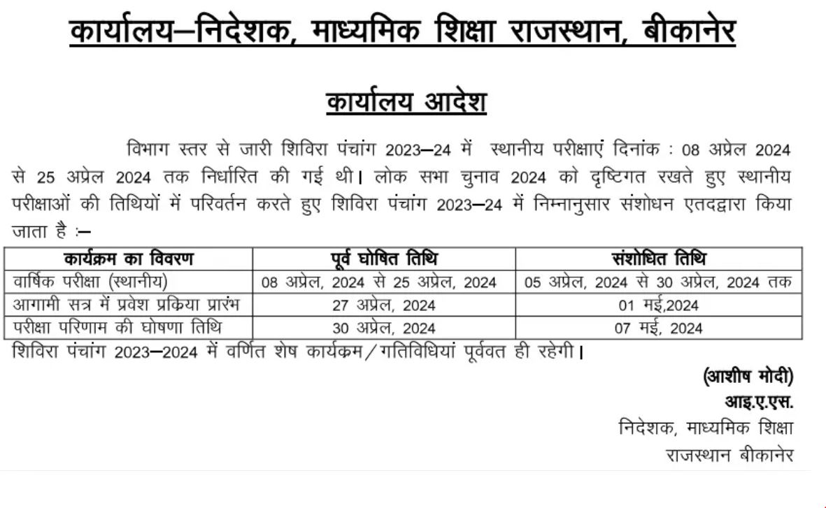 Rajasthan Board Class 11th Annual Exam Time Table