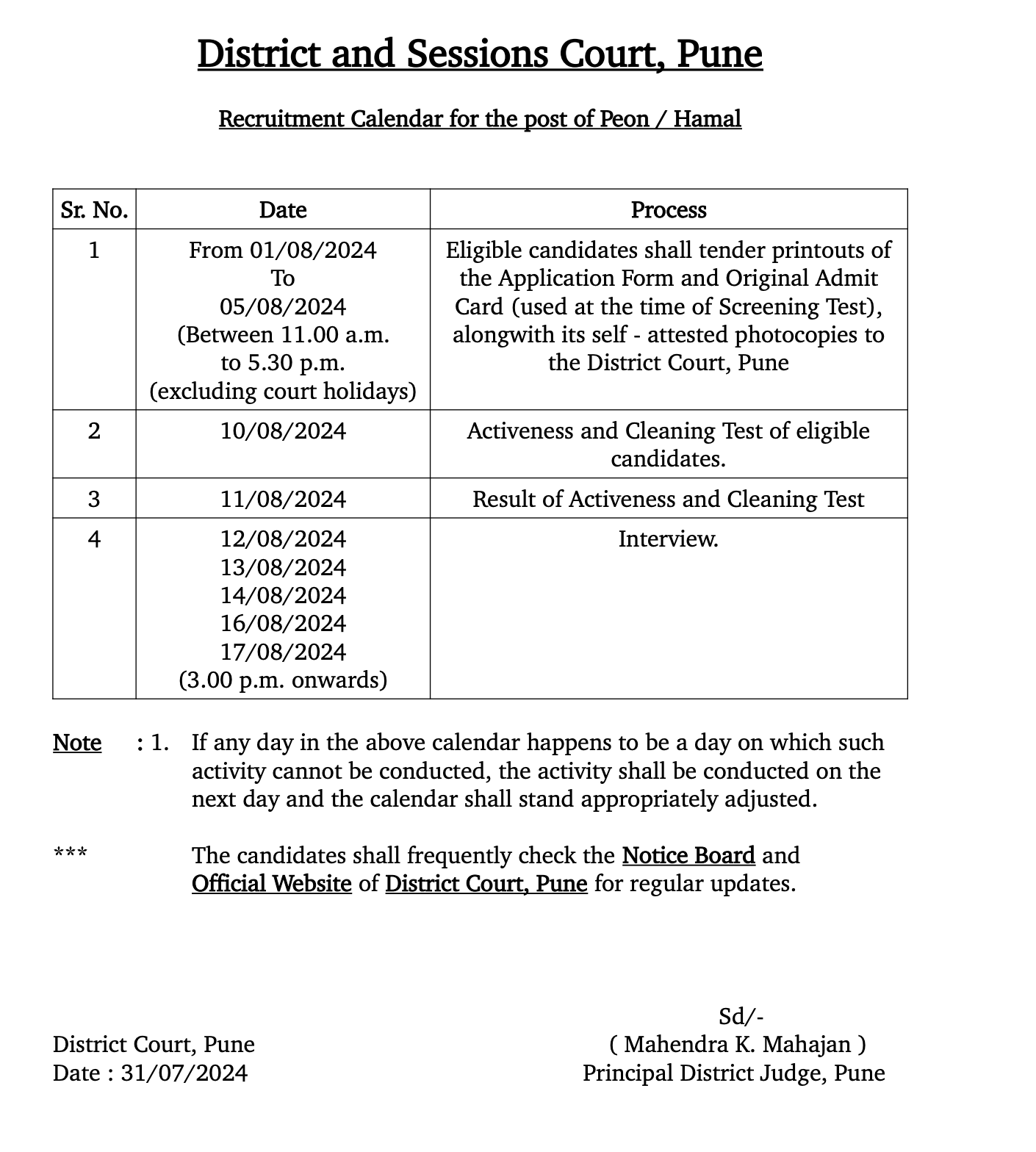 District Court Pune Time Table 2024 