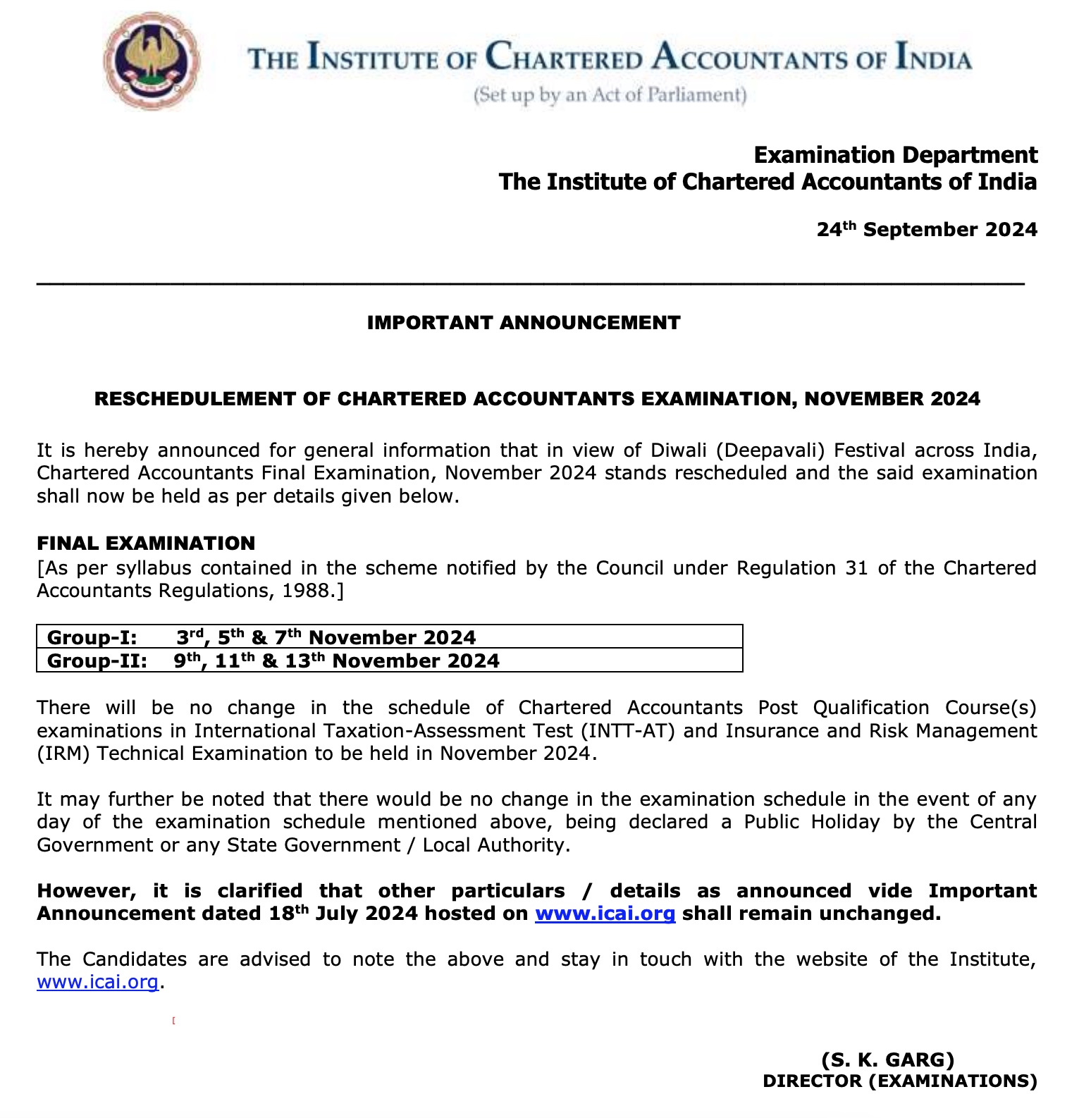 ICAI Exam Dates CA Exam 2024