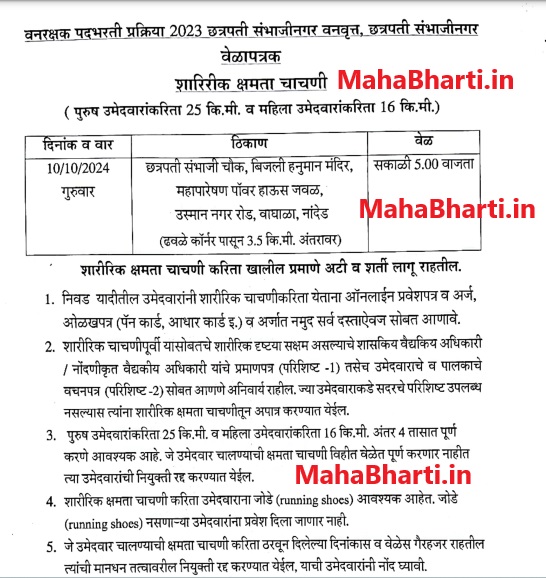 Chh Sambhajinagar Van Rakshak Pesa Bharti Time Table