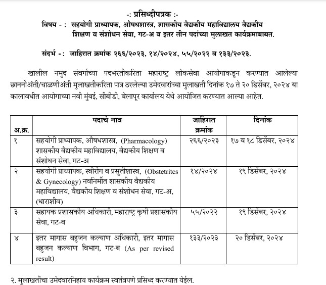 MPSC Interview Time Table PDF