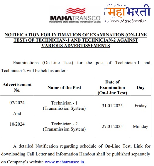 Mahatransco Technician Bharti Admit Card 2024-25