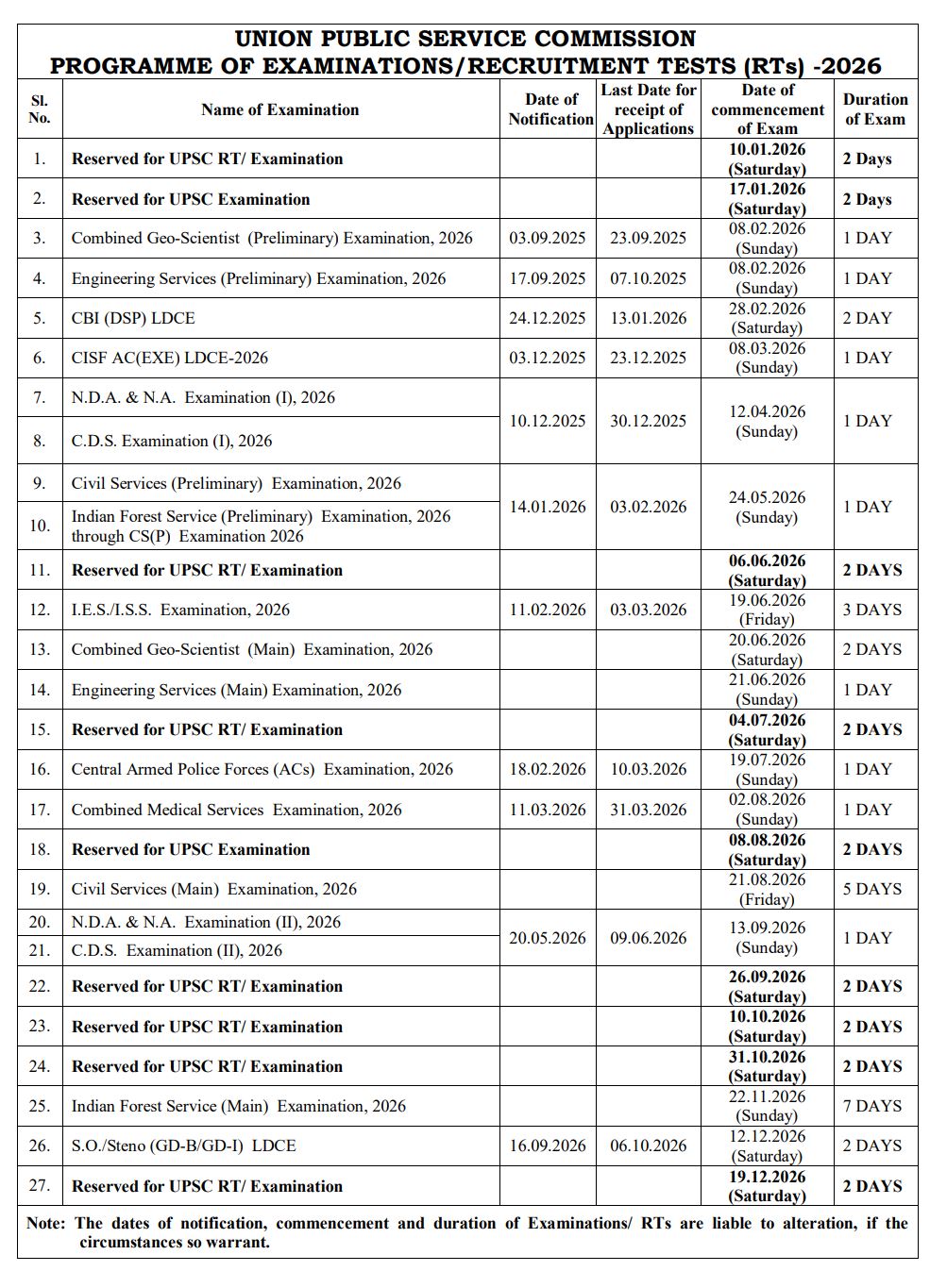 UPSC 2026 Exam Calendar Download