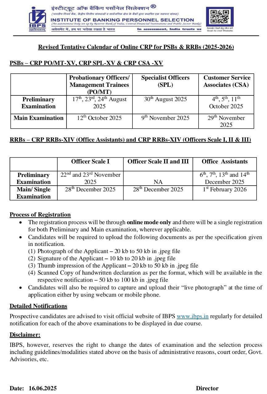IBPS Calendar 2025 Revised New