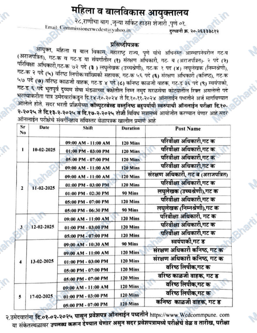 Mahila Balvikas Exam Timetable 