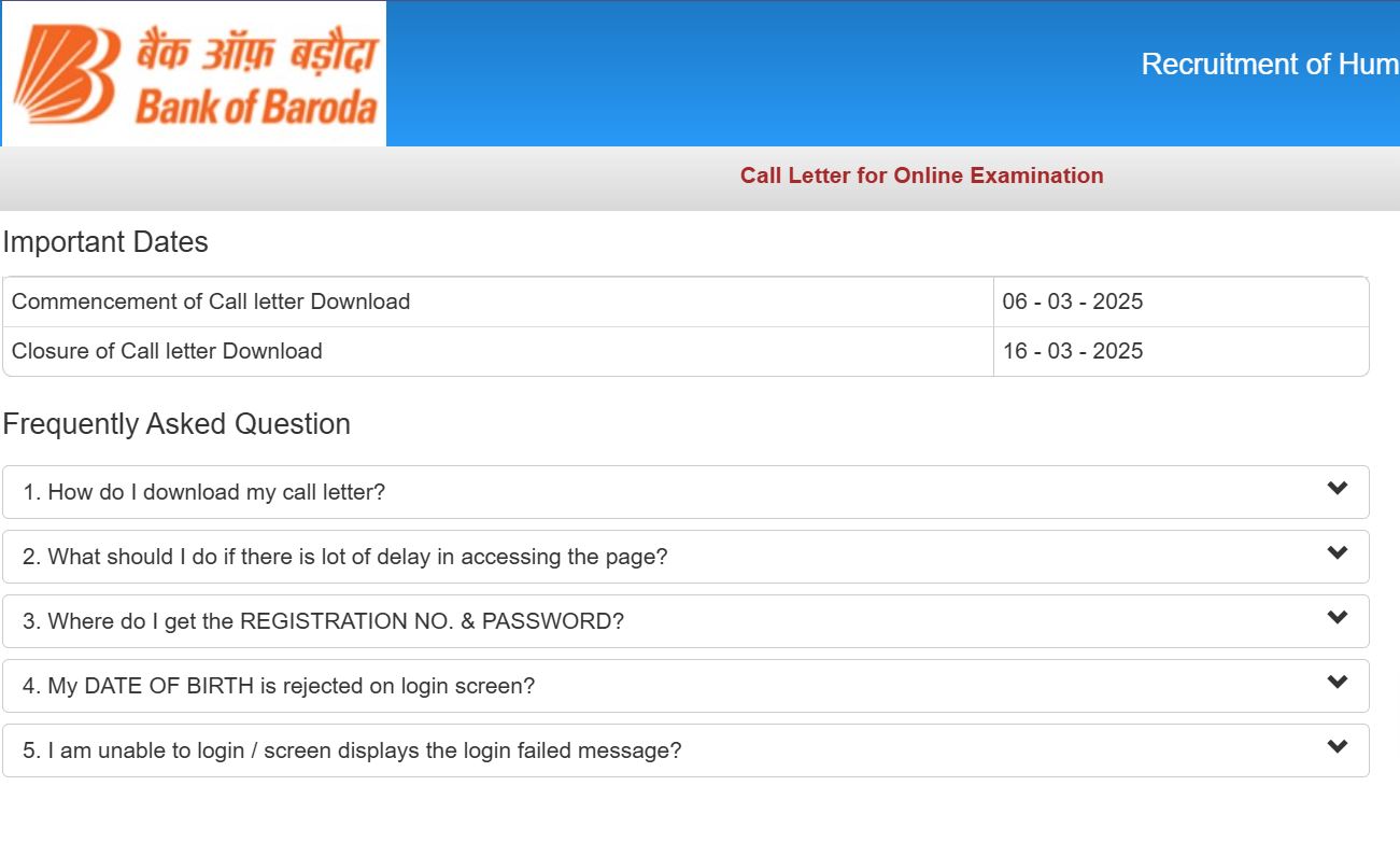 Bank of Baroda Call Letter Download